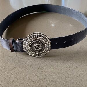 Brown Leather Belt with Large Silver Buckle